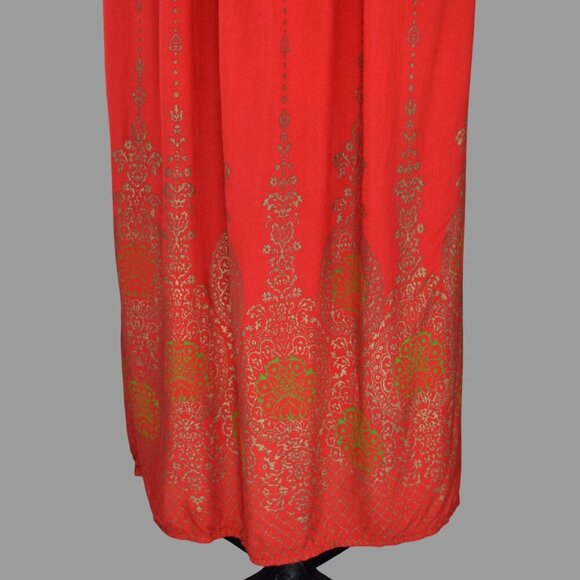 LAPOGEE TRIBAL PRINT RED GOLD BOHEMIAN V-NECK MAXI DRESS - Picture 5 of 8